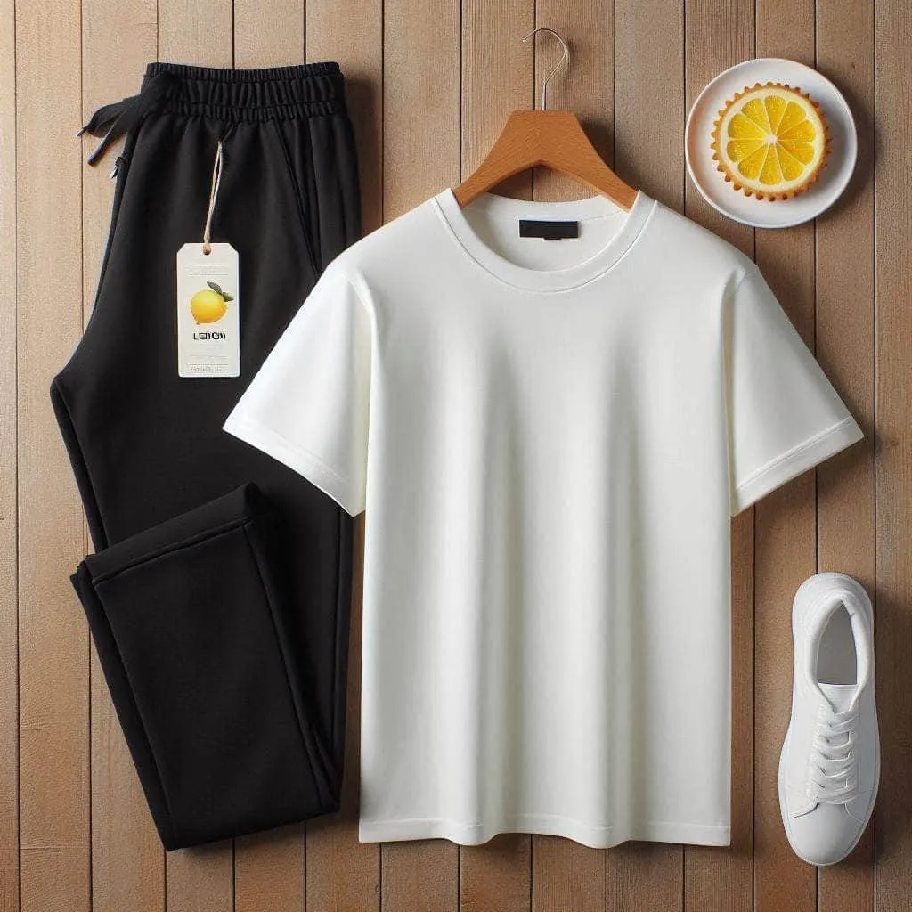 Lemon Tart Mens Plain T-Shirt and Jogger Pants Set - LTMTSPS1 - White Black