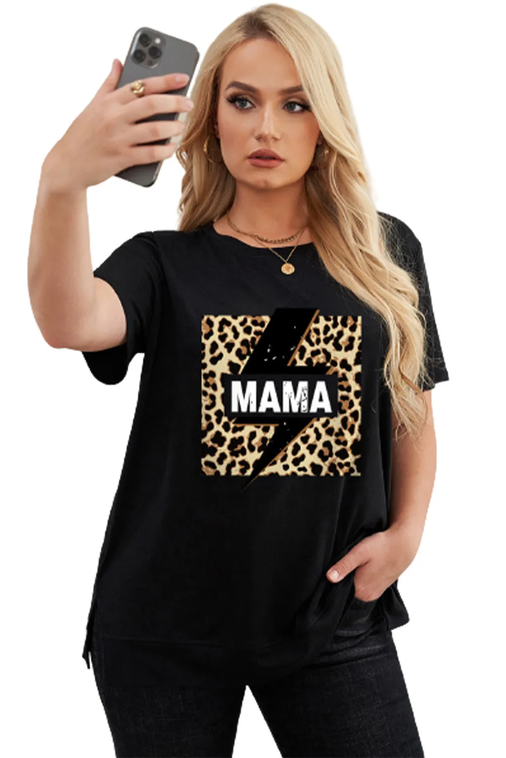 Leopard Lightning Print Crewneck Plus Size T-shirt