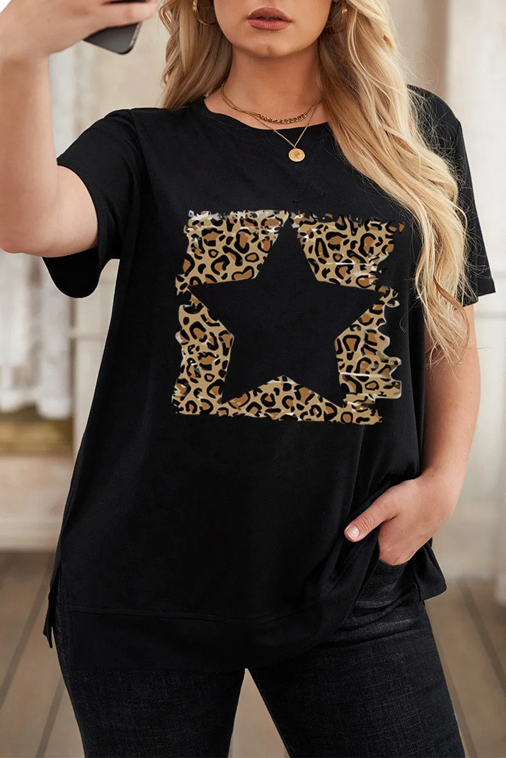 Leopard Lightning Print Crewneck Plus Size T-shirt