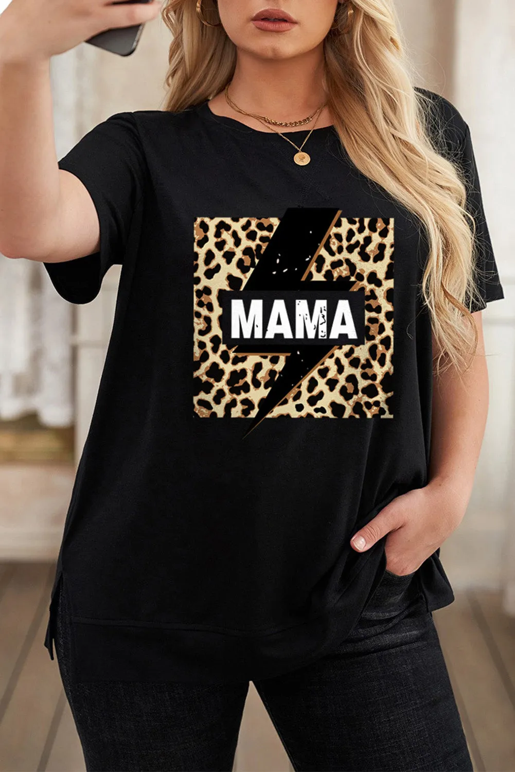 Leopard Lightning Print Crewneck Plus Size T-shirt