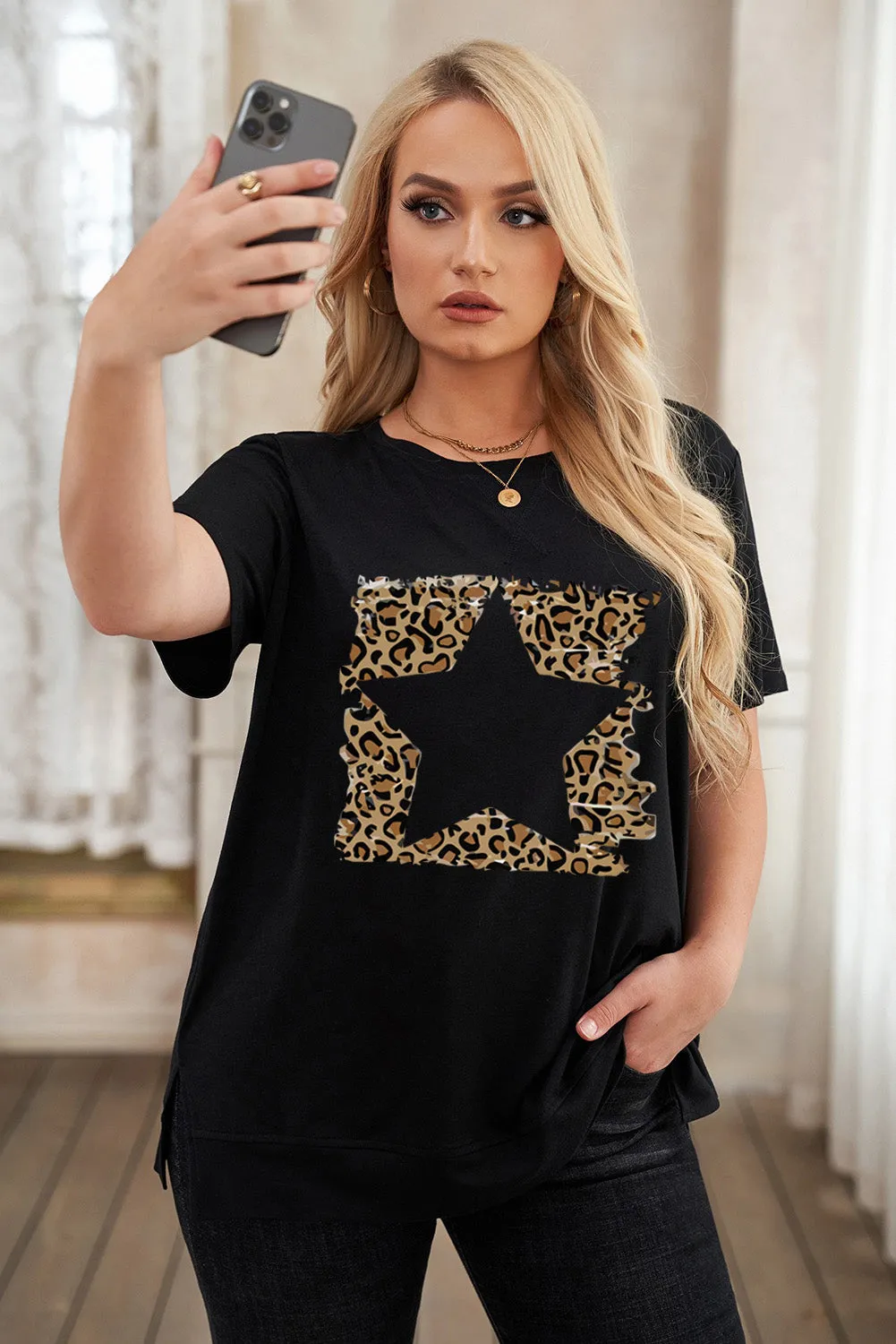 Leopard Lightning Print Crewneck Plus Size T-shirt