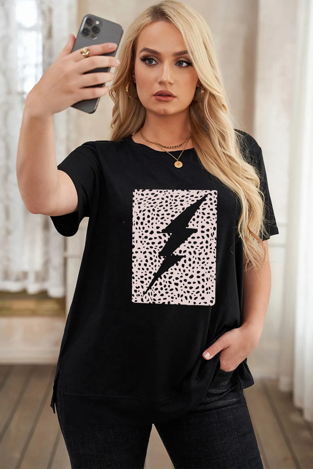 Leopard Lightning Print Crewneck Plus Size T-shirt