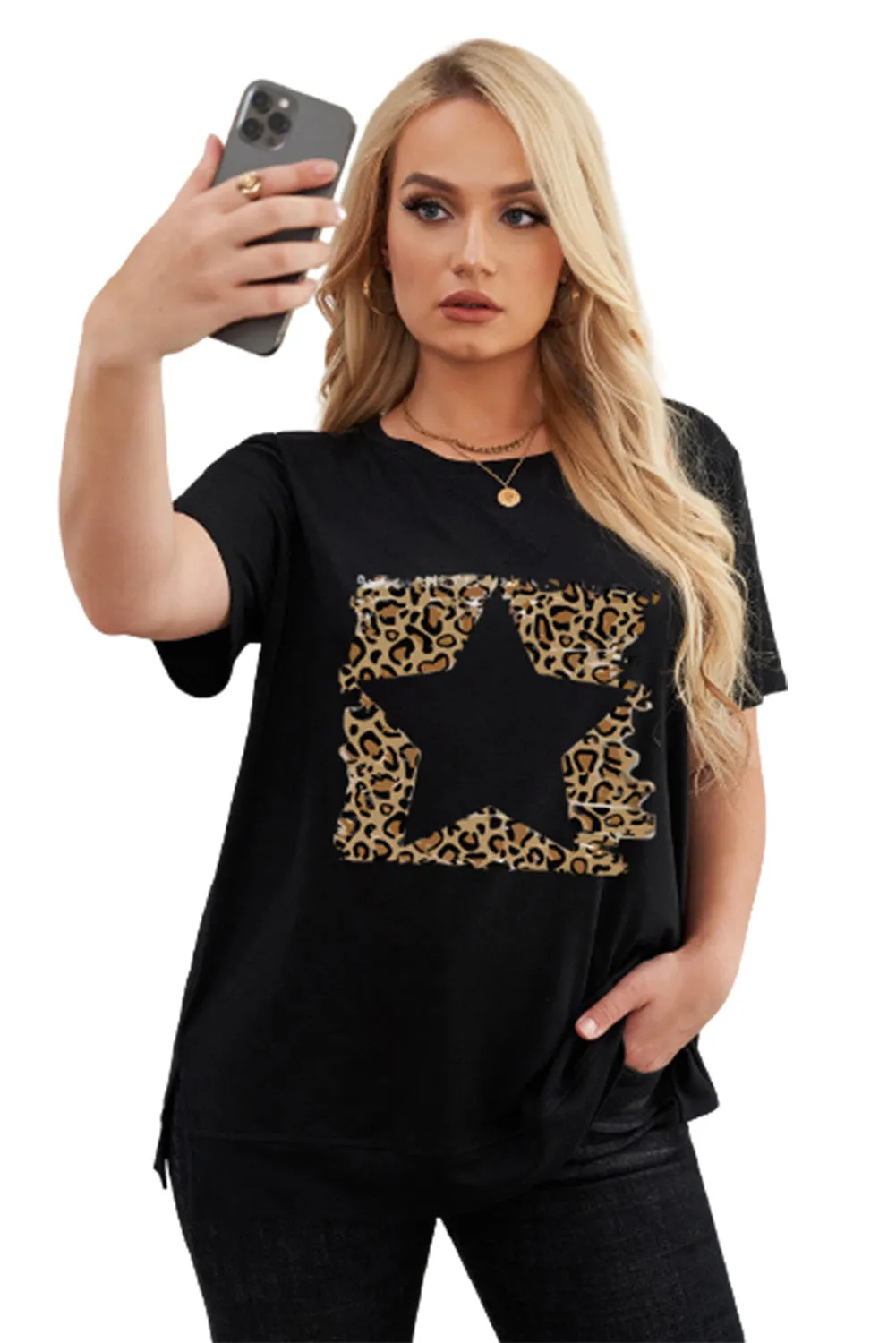 Leopard Lightning Print Crewneck Plus Size T-shirt