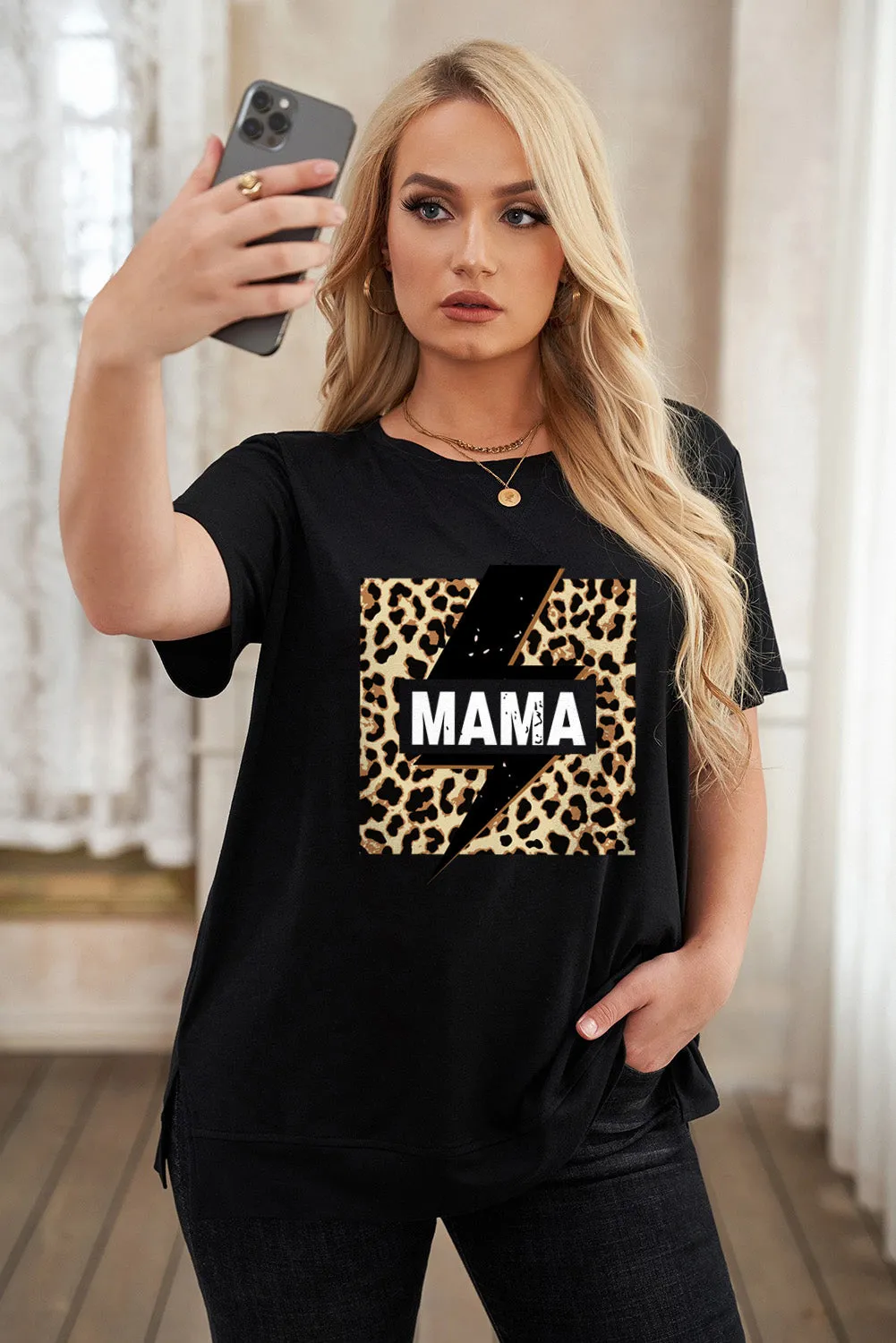 Leopard Lightning Print Crewneck Plus Size T-shirt