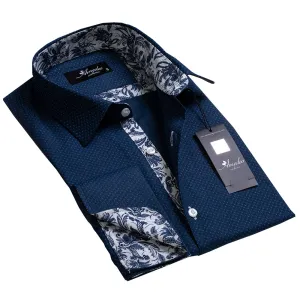 Light Navy Blue Floral Mens Slim Fit French Cuff Shirts with Cufflink Holes - Casual and Formal