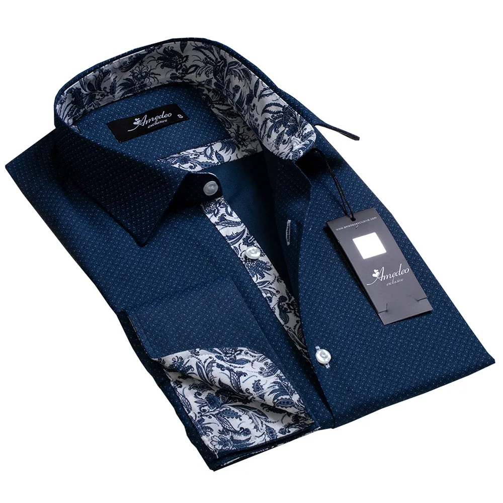 Light Navy Blue Floral Mens Slim Fit French Cuff Shirts with Cufflink Holes - Casual and Formal