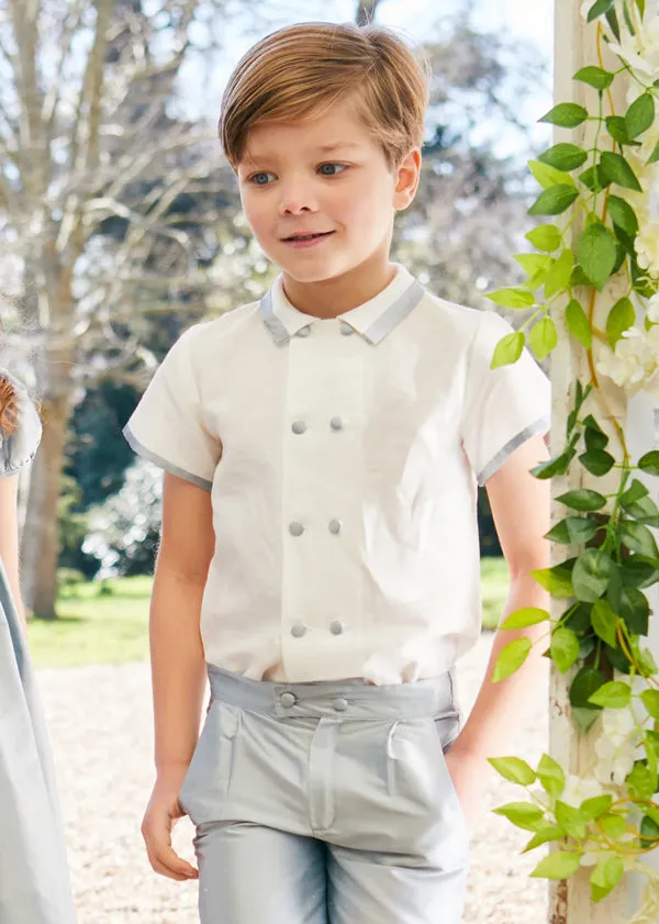 Linen Boys Celebration Shirt White with Blue Silk piping (4-10yrs)