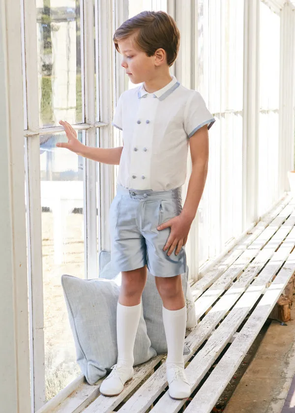 Linen Boys Celebration Shirt White with Blue Silk piping (4-10yrs)