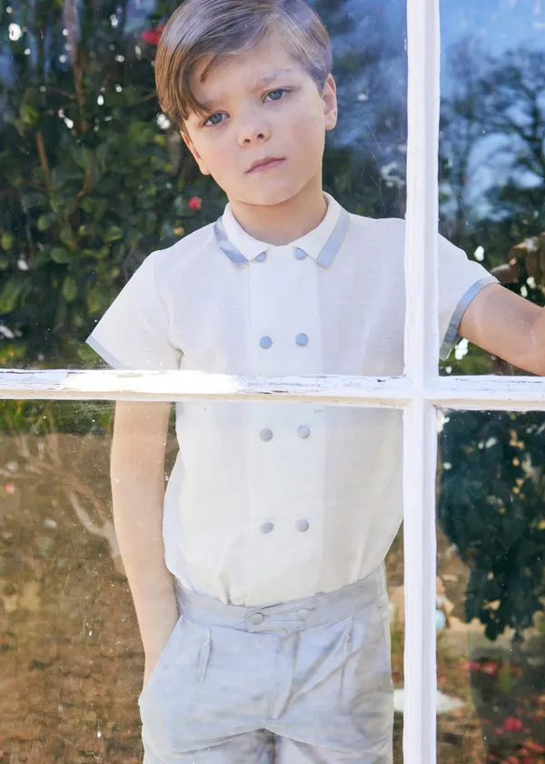 Linen Boys Celebration Shirt White with Blue Silk piping (4-10yrs)