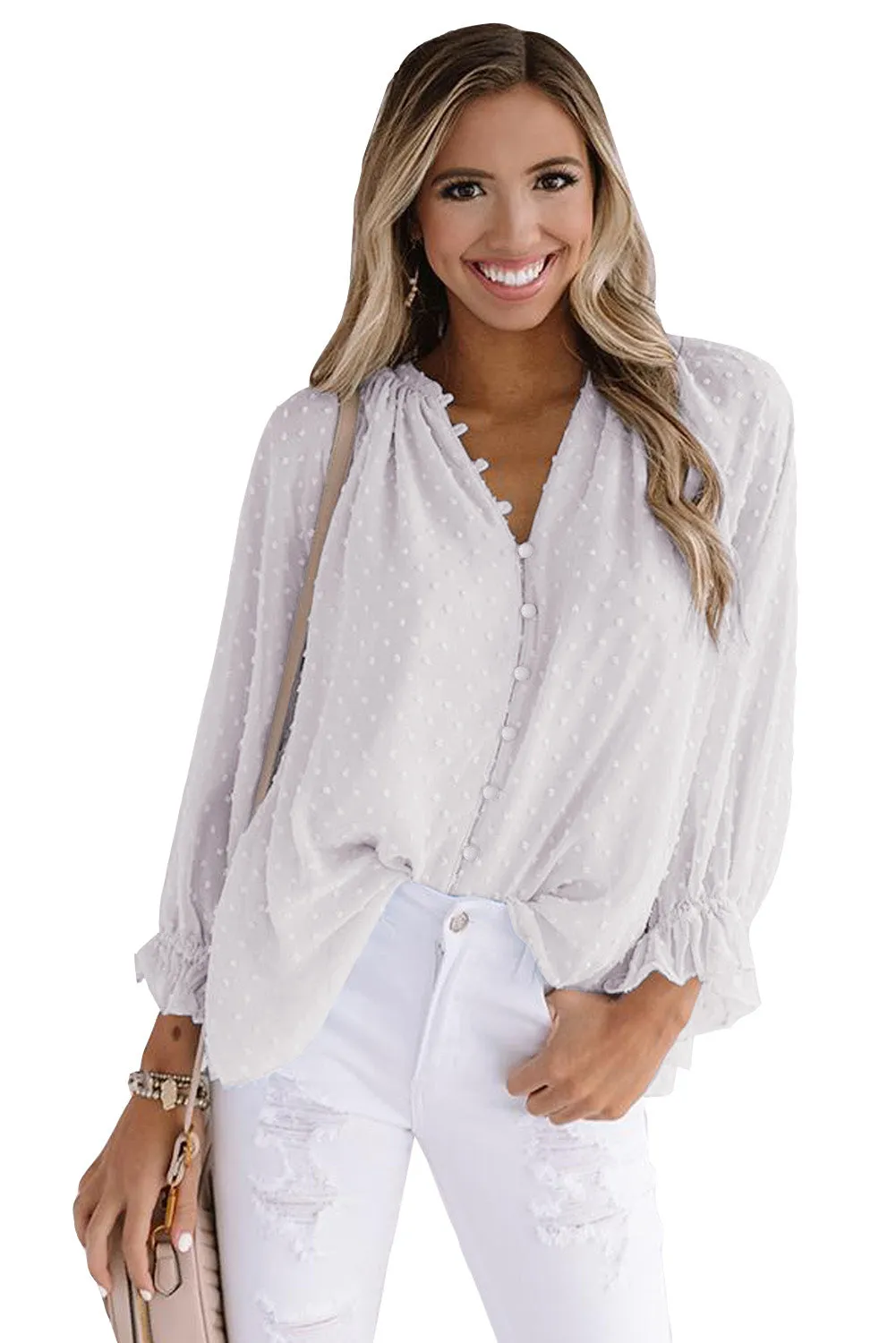 Loose Button Swiss Dot Shirt