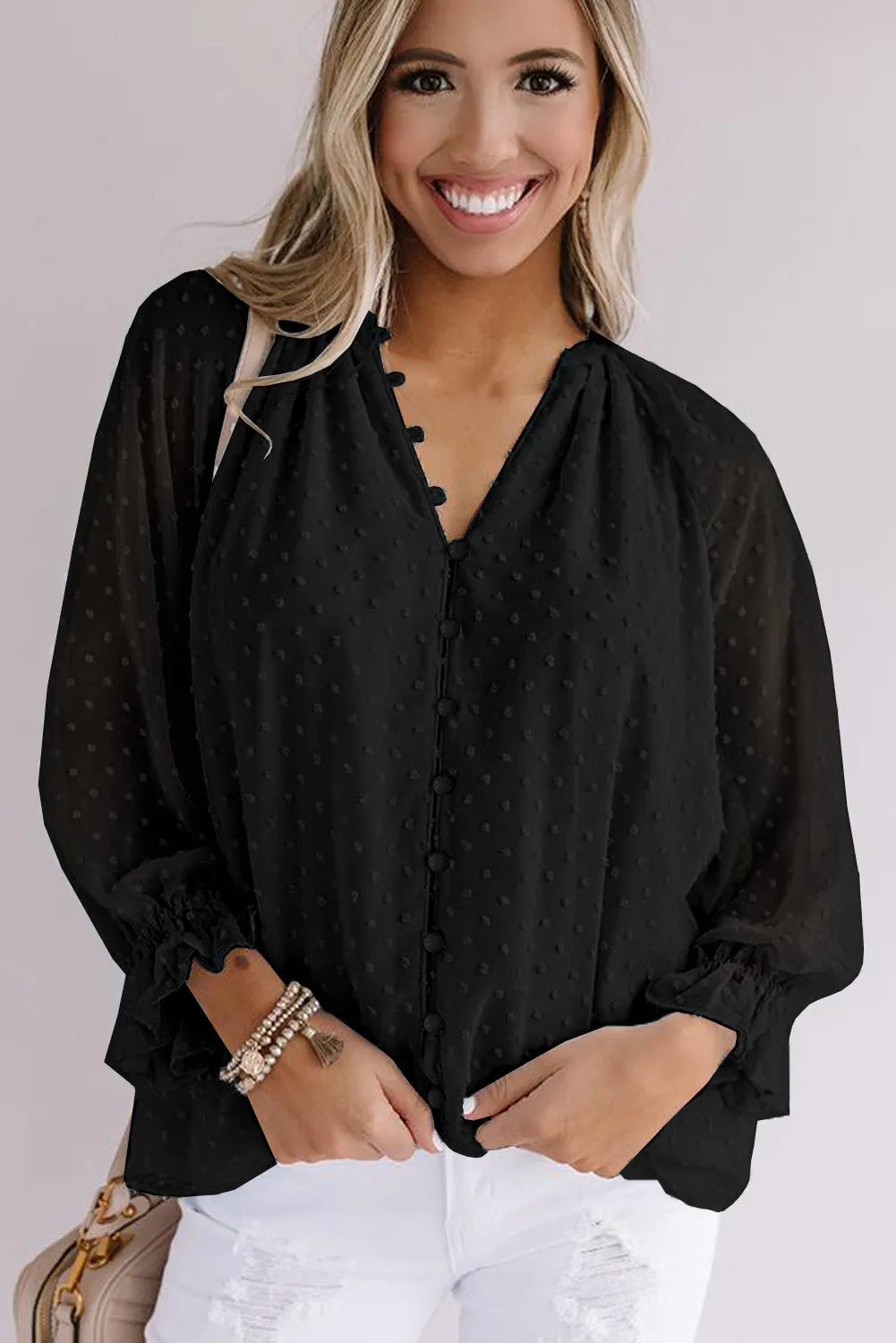 Loose Button Swiss Dot Shirt