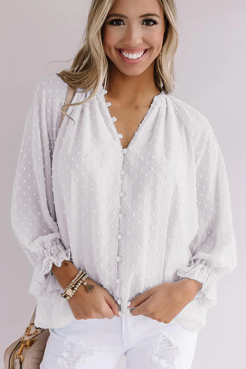 Loose Button Swiss Dot Shirt