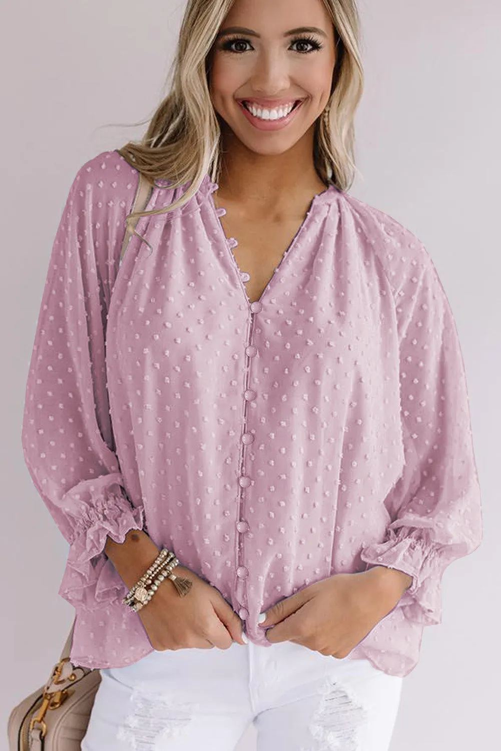 Loose Button Swiss Dot Shirt