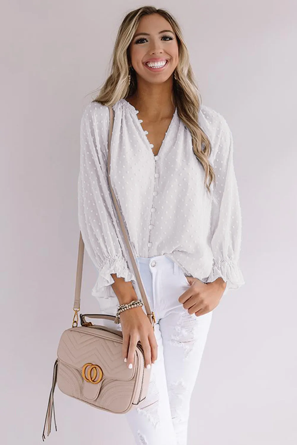 Loose Button Swiss Dot Shirt