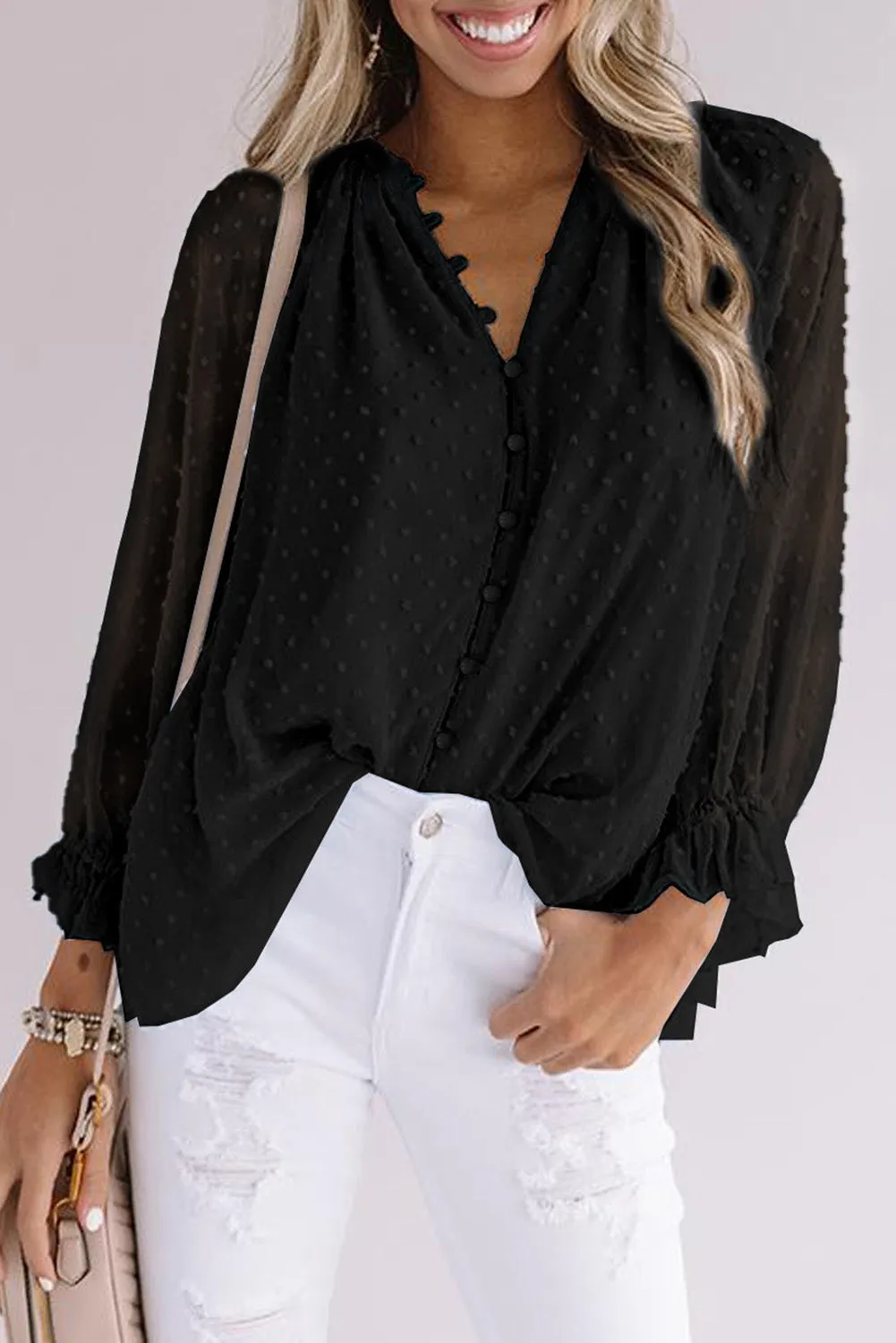 Loose Button Swiss Dot Shirt