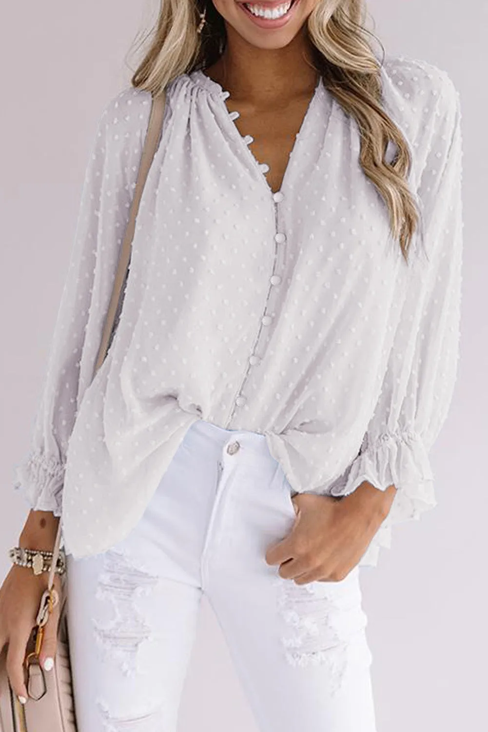 Loose Button Swiss Dot Shirt