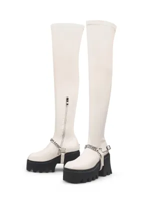 Lug Sole Chain Strap Over Knee Leather Boot - Ivory