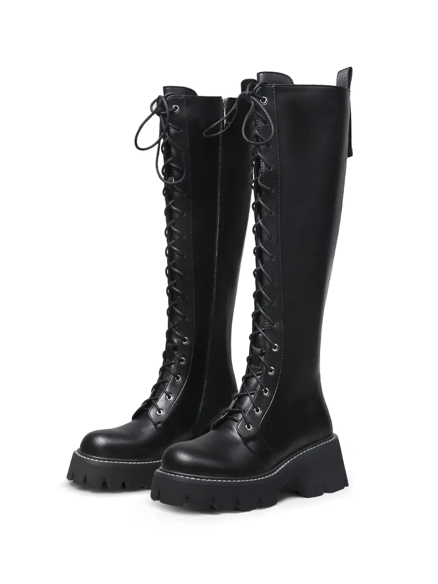 Lug Sole Lace Up Knee High Leather Boot - Black