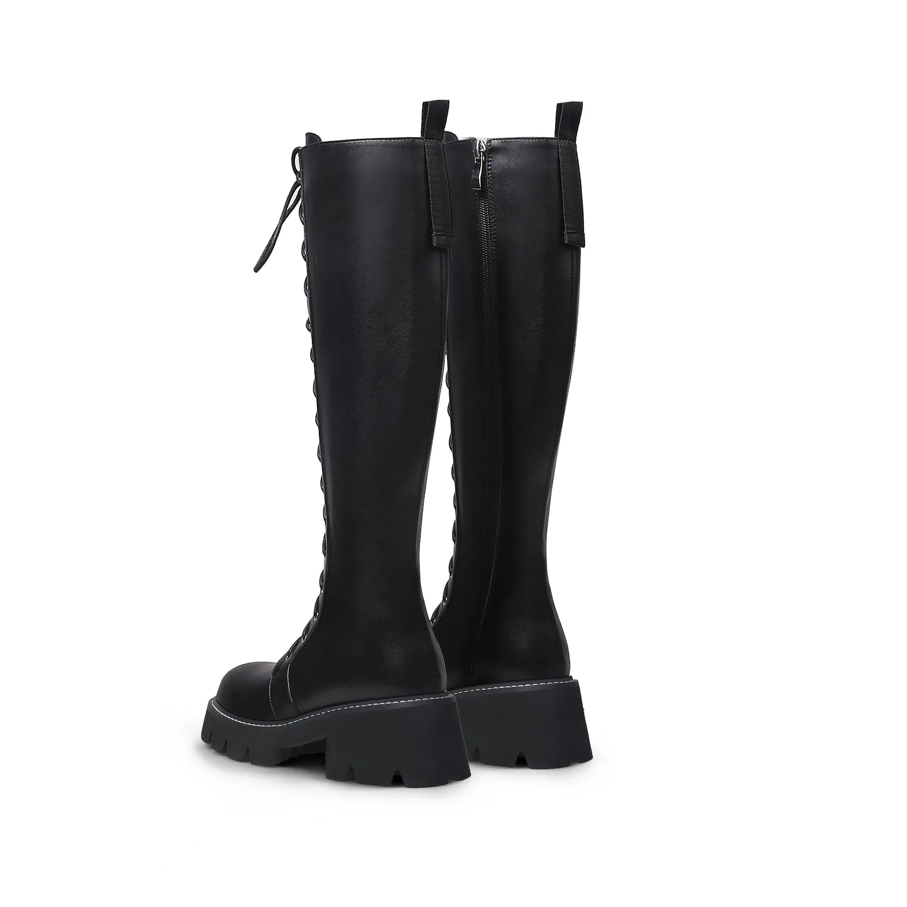 Lug Sole Lace Up Knee High Leather Boot - Black