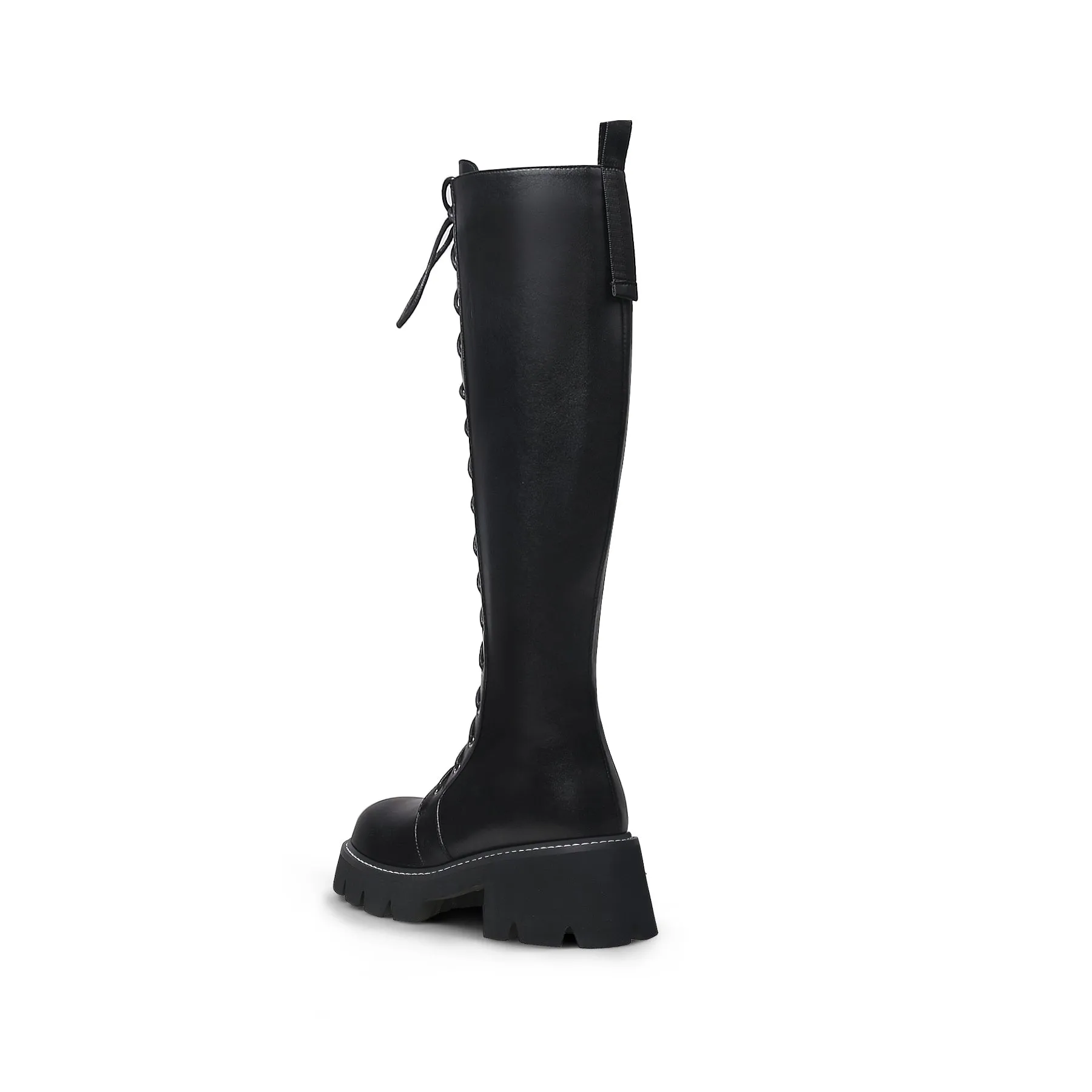 Lug Sole Lace Up Knee High Leather Boot - Black