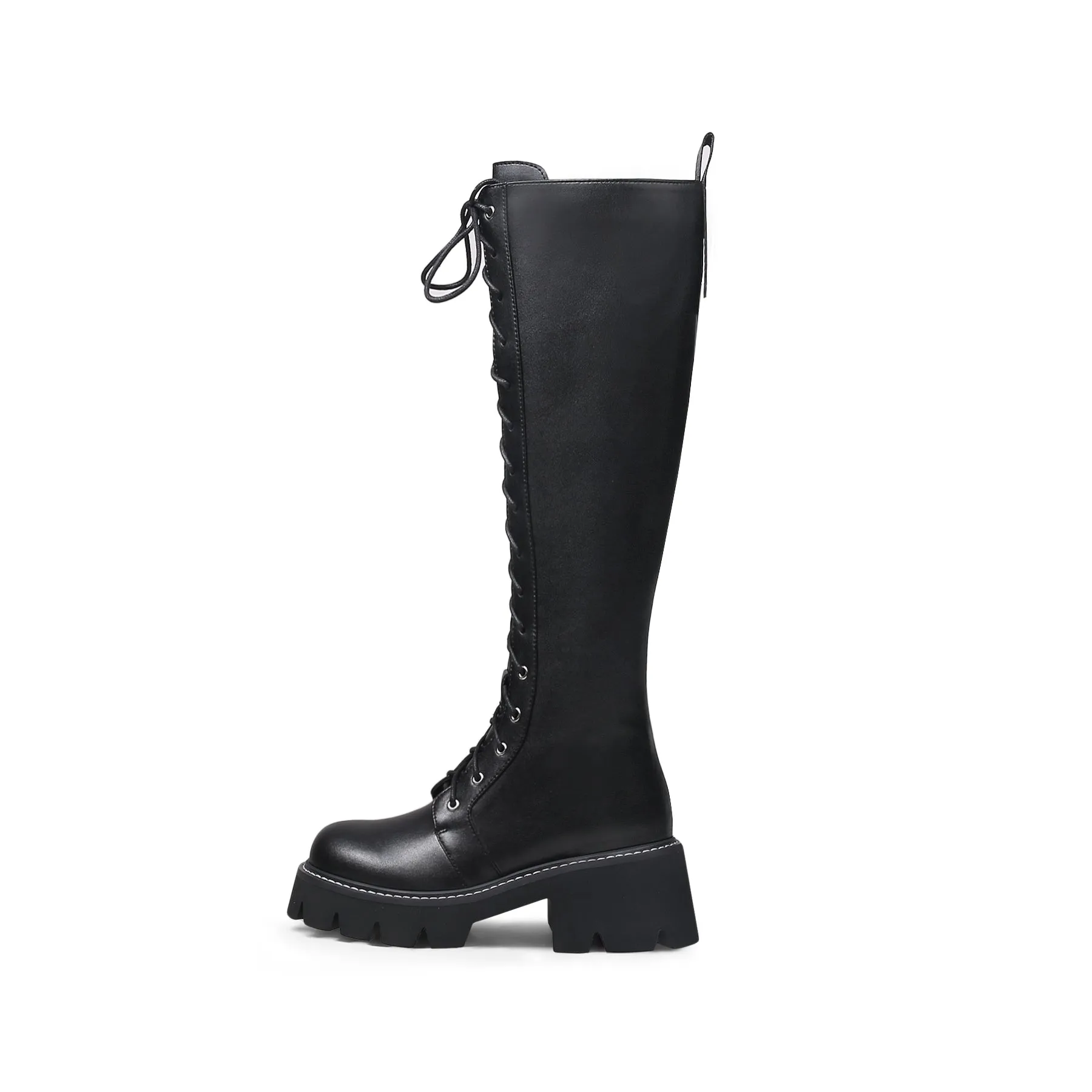 Lug Sole Lace Up Knee High Leather Boot - Black