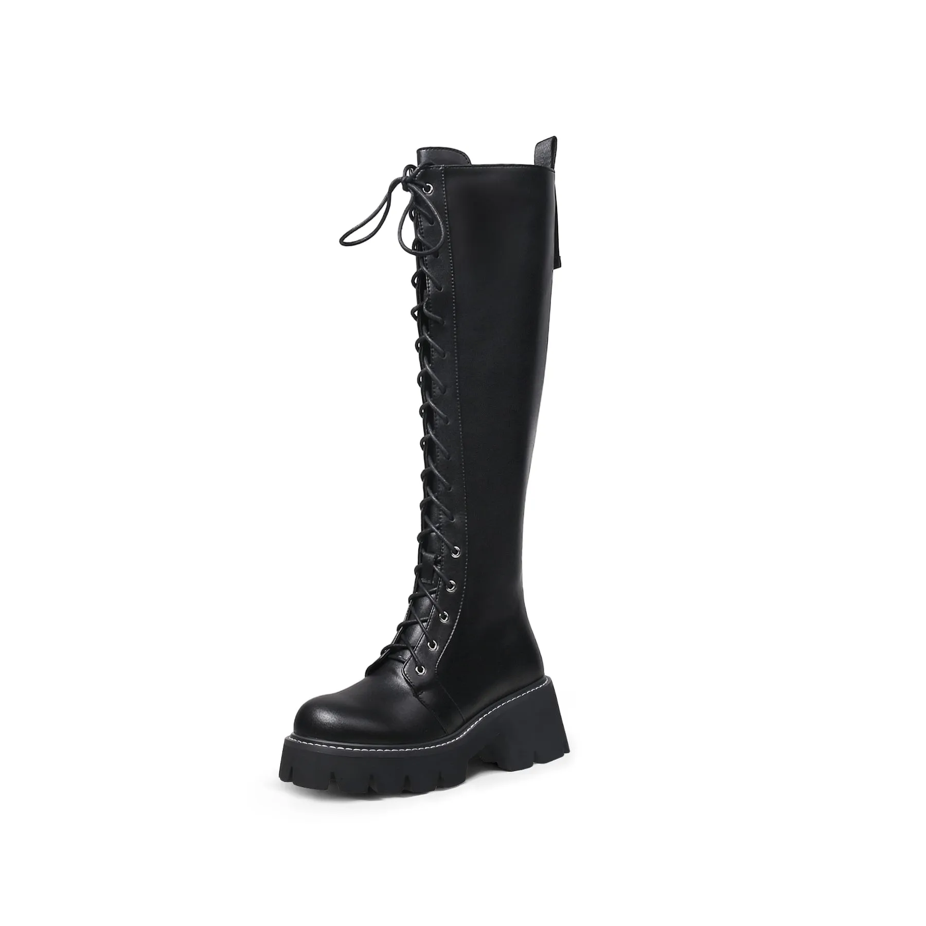 Lug Sole Lace Up Knee High Leather Boot - Black