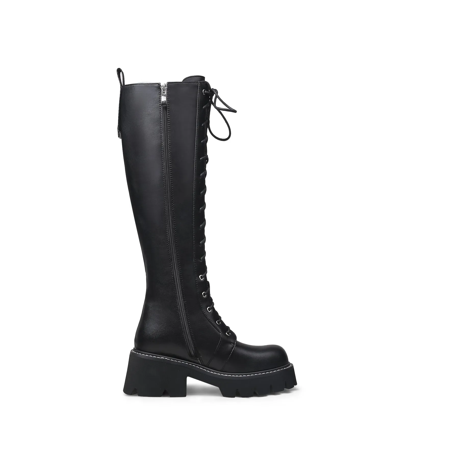 Lug Sole Lace Up Knee High Leather Boot - Black