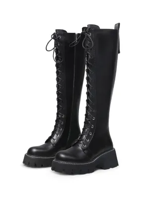 Lug Sole Lace Up Knee High Leather Boot - Black