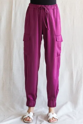Magenta Satin Jogger Pants with Cargo Pocket