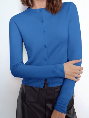 Maija Women Pink Elegant Solid Crew Neck Front Button Long Sleeve Sweater Top