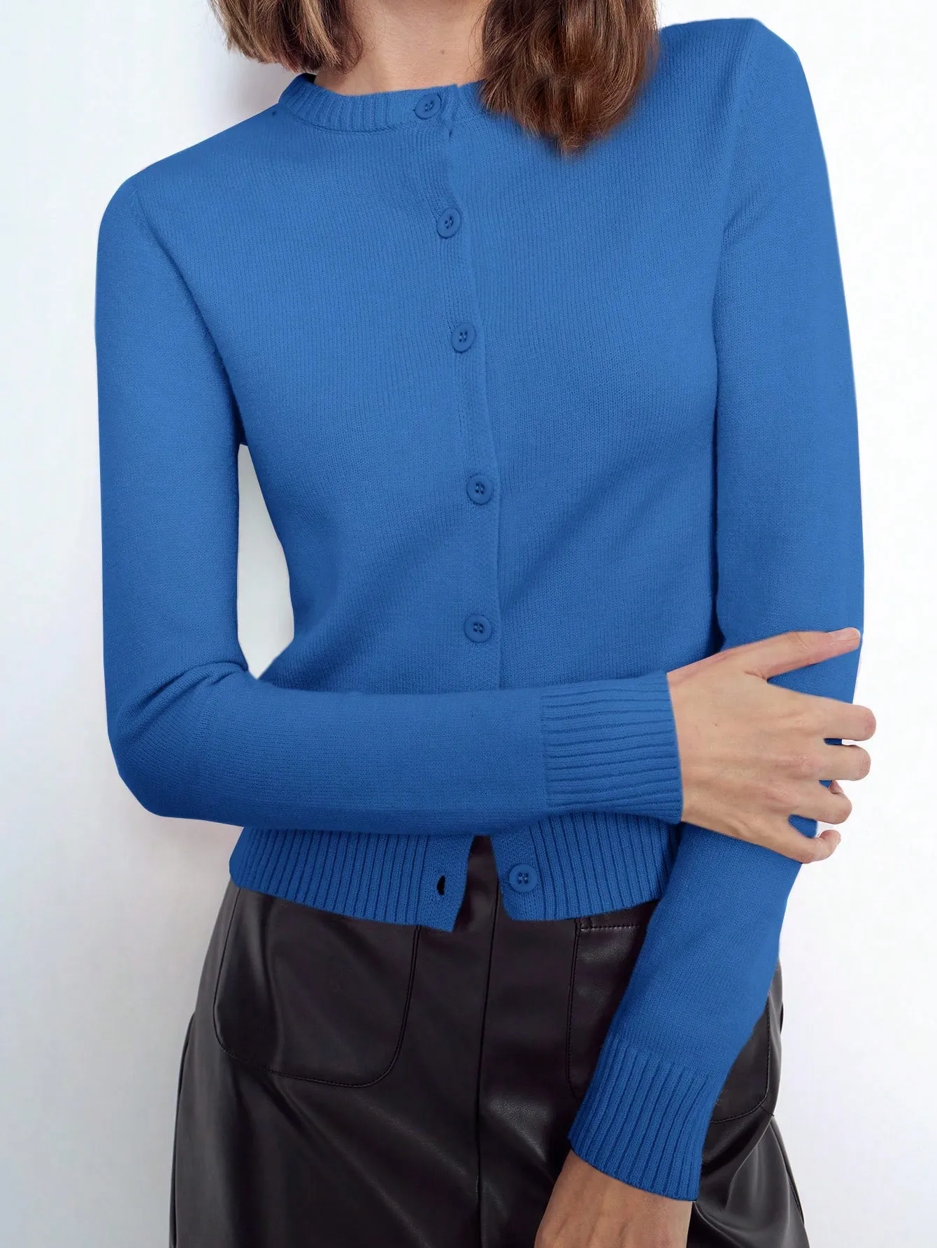 Maija Women Pink Elegant Solid Crew Neck Front Button Long Sleeve Sweater Top