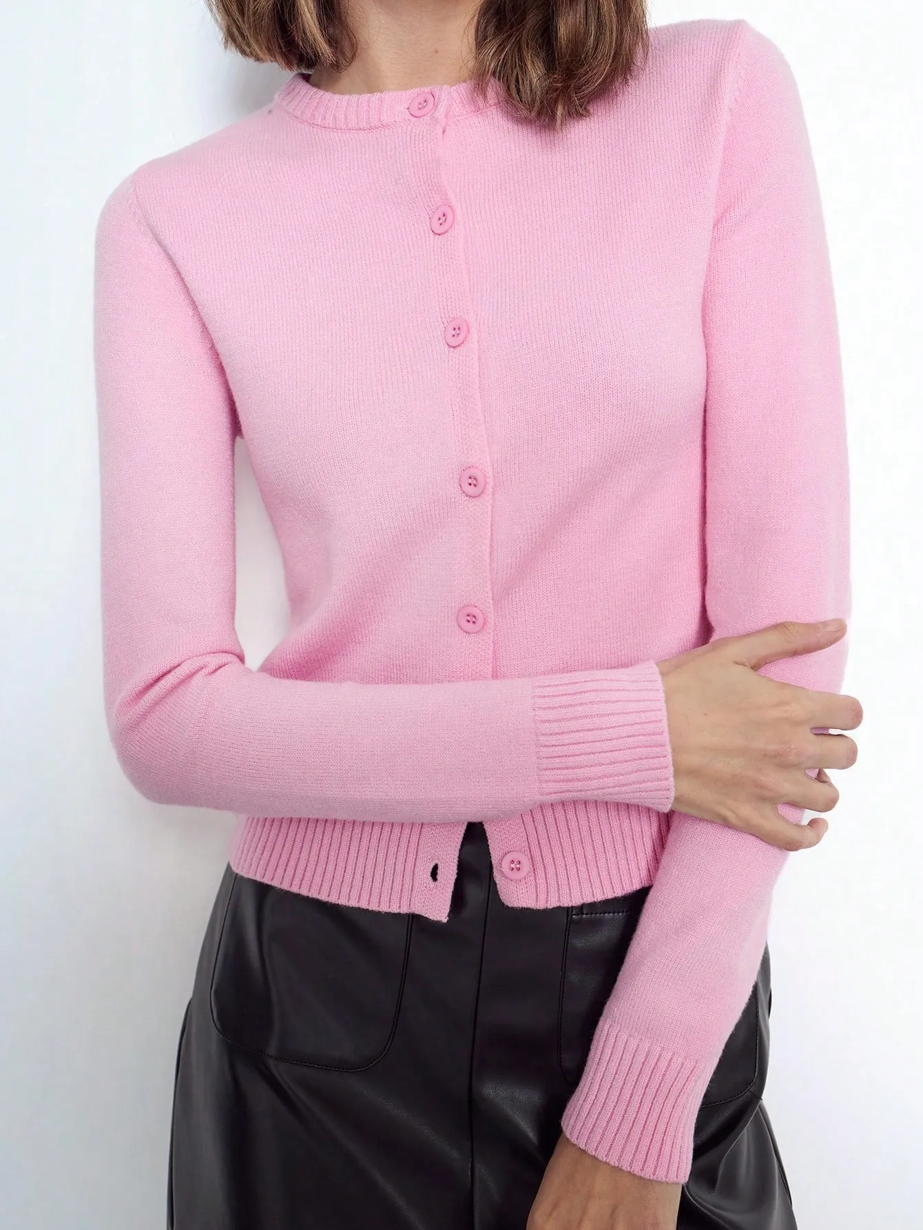 Maija Women Pink Elegant Solid Crew Neck Front Button Long Sleeve Sweater Top