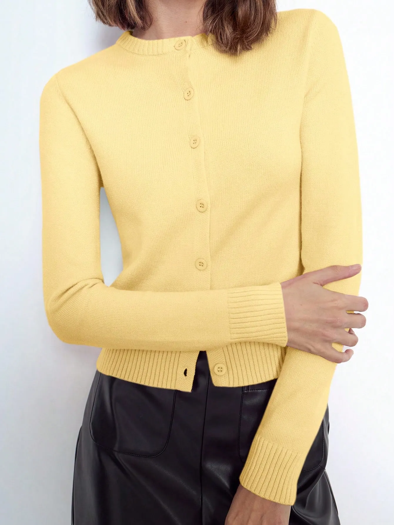 Maija Women Pink Elegant Solid Crew Neck Front Button Long Sleeve Sweater Top