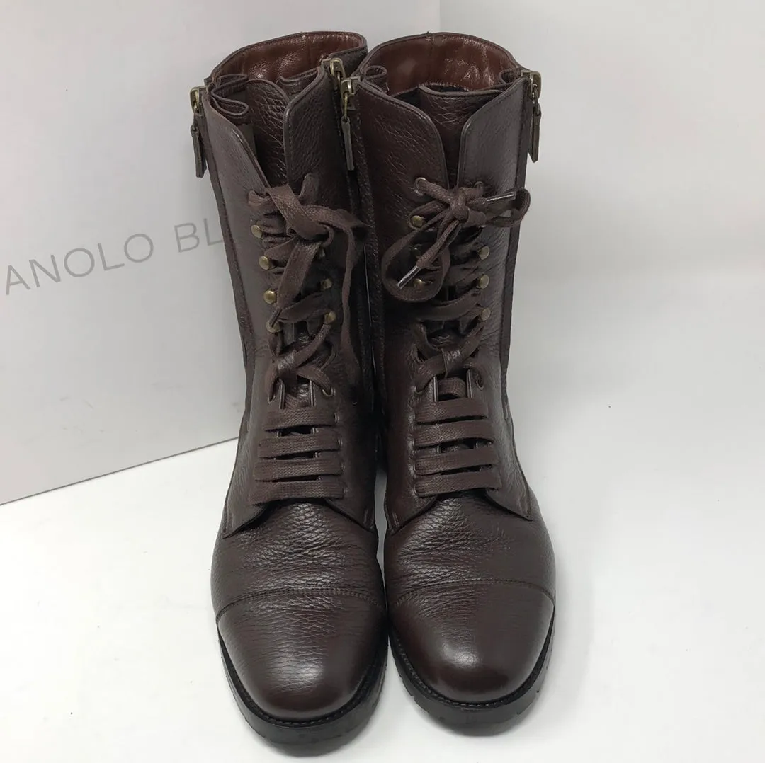 Manolo Blahnik Brown Leather "Lugata" Inner Lined Combat Boot