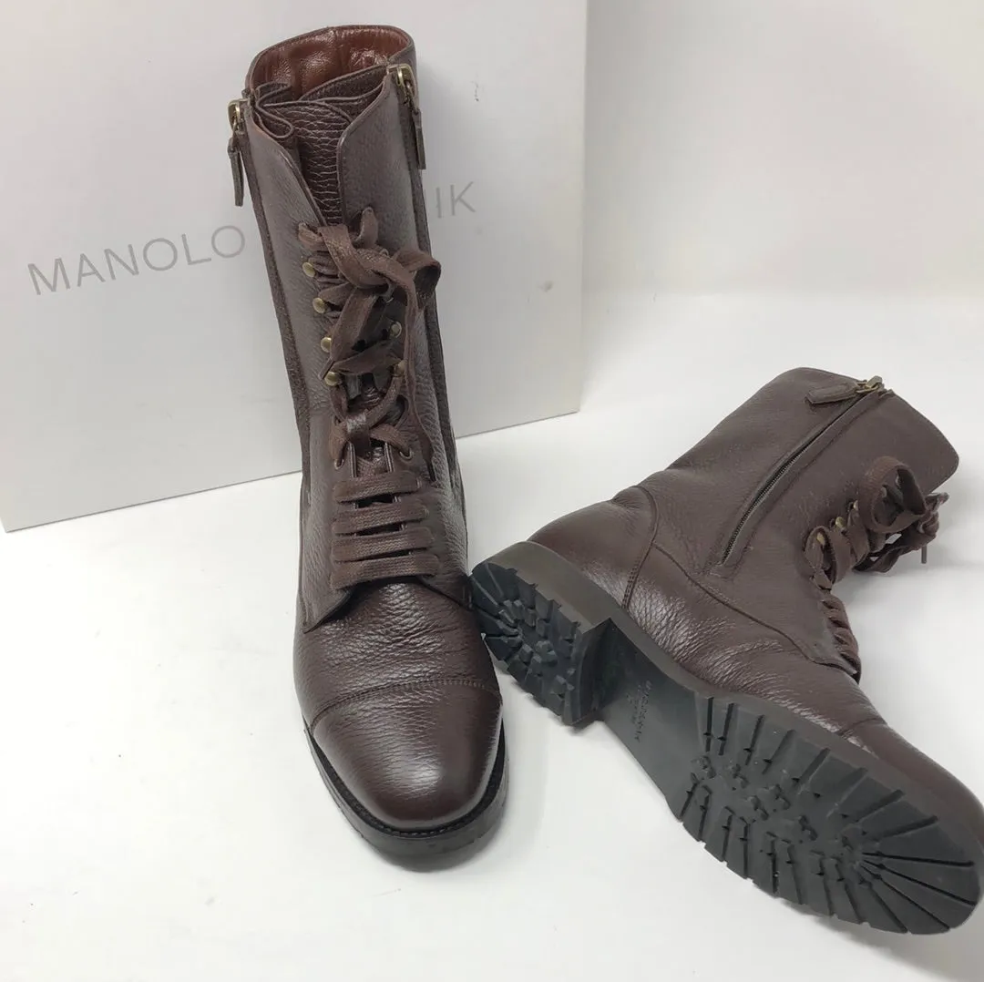 Manolo Blahnik Brown Leather "Lugata" Inner Lined Combat Boot