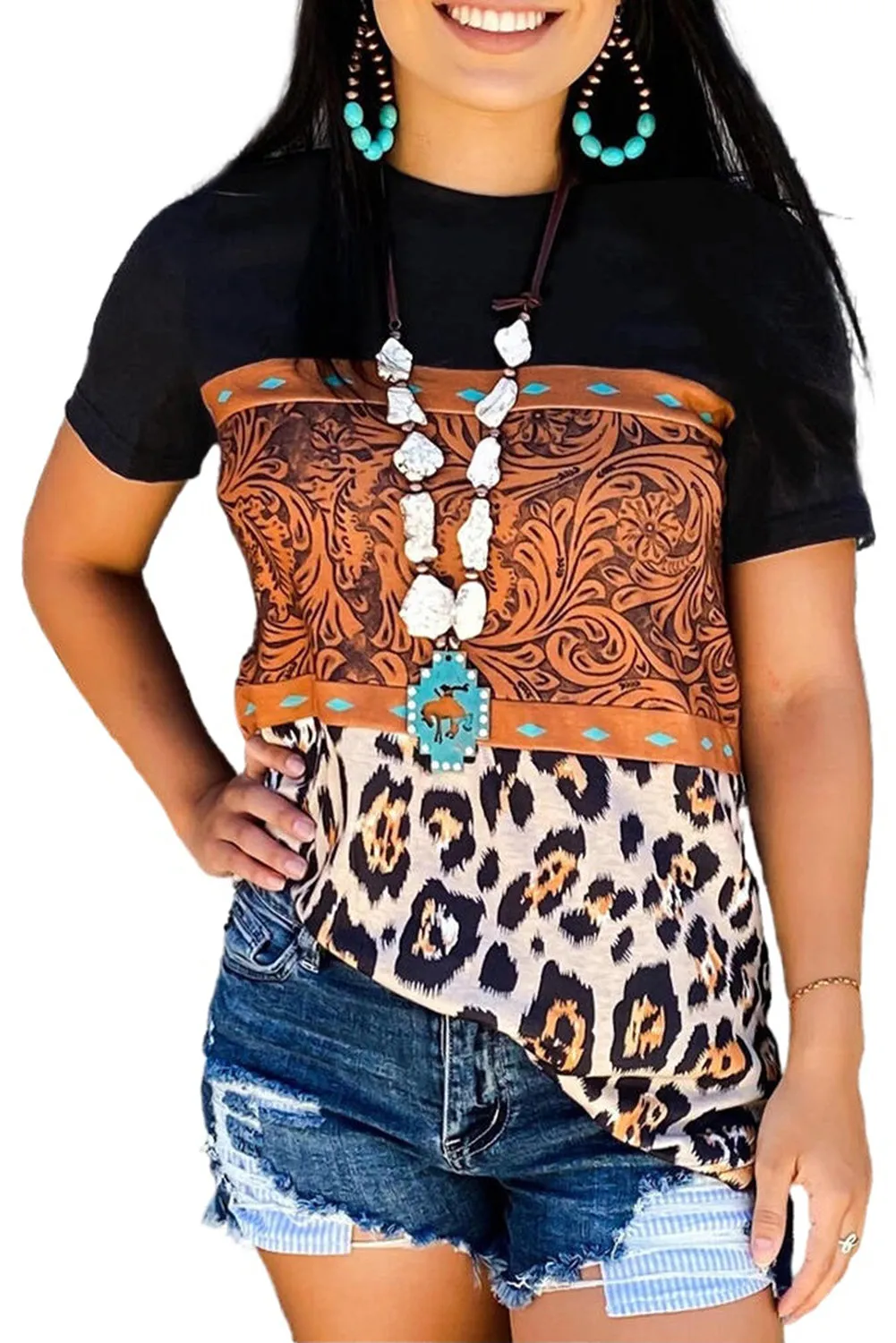Marble Print Buckstitch Splicing Color Block T-shirt