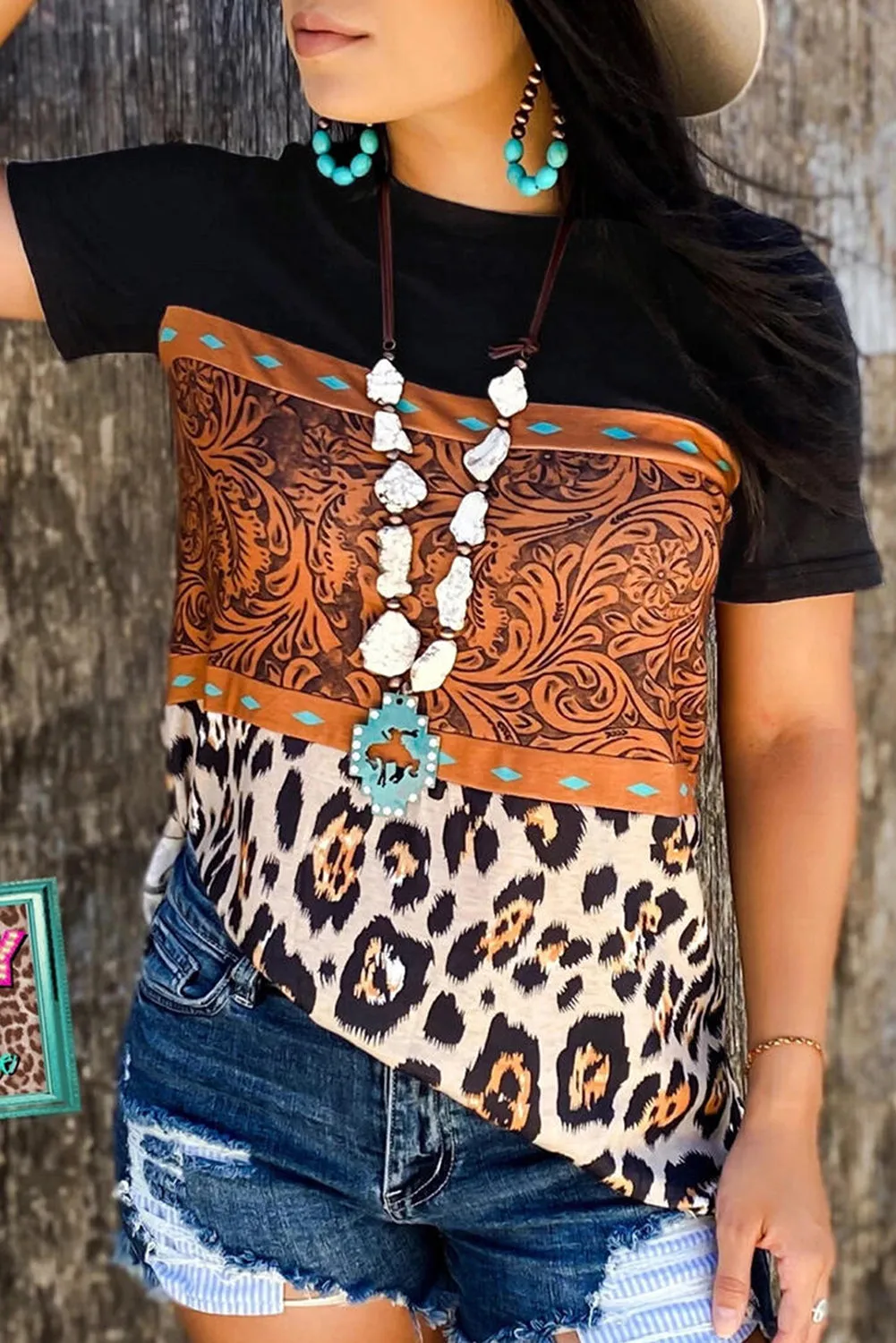 Marble Print Buckstitch Splicing Color Block T-shirt