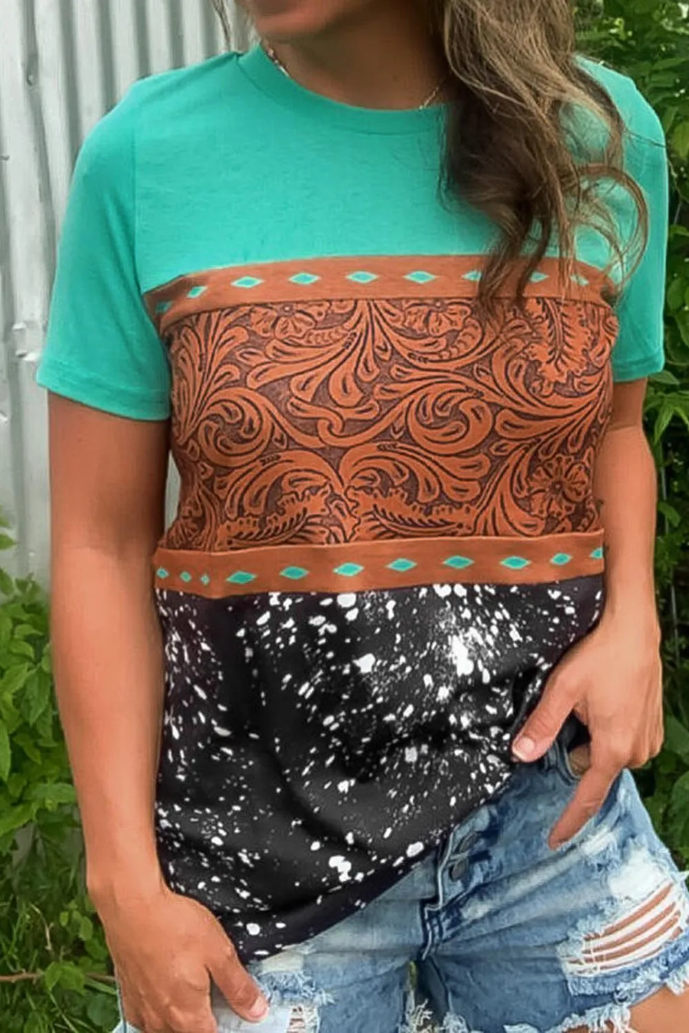 Marble Print Buckstitch Splicing Color Block T-shirt