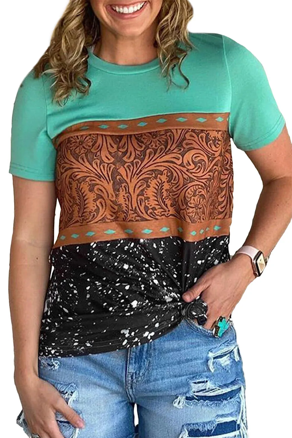 Marble Print Buckstitch Splicing Color Block T-shirt