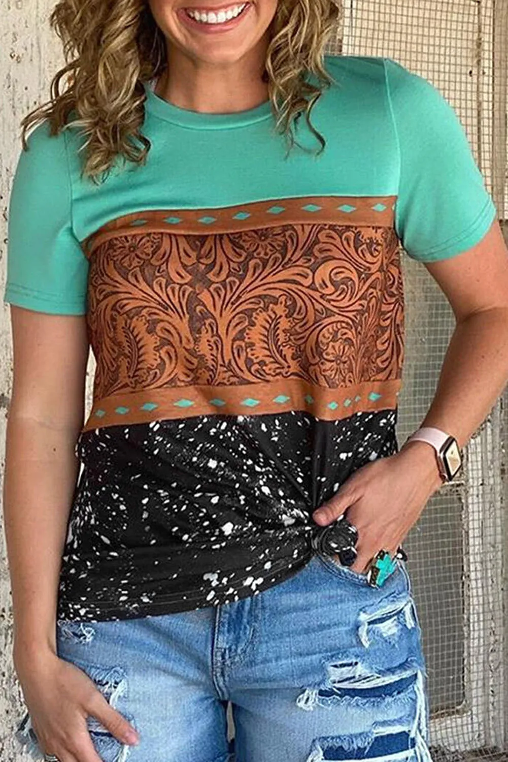 Marble Print Buckstitch Splicing Color Block T-shirt