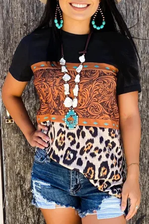 Marble Print Buckstitch Splicing Color Block T-shirt