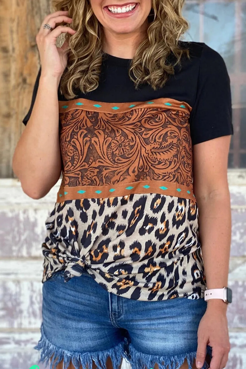 Marble Print Buckstitch Splicing Color Block T-shirt