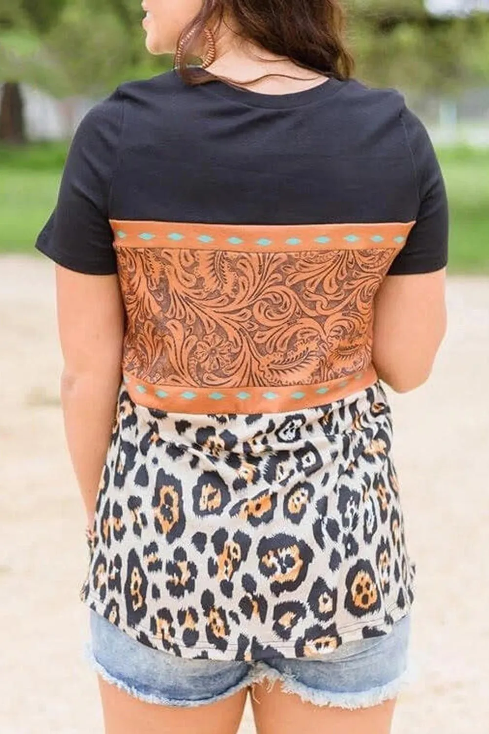 Marble Print Buckstitch Splicing Color Block T-shirt