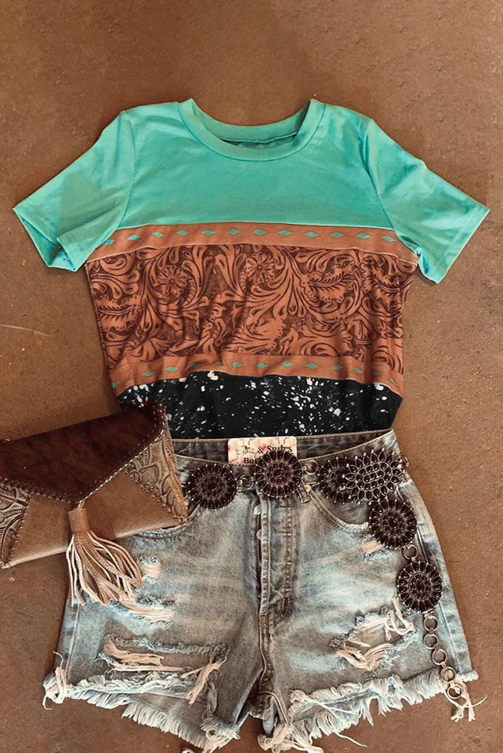 Marble Print Buckstitch Splicing Color Block T-shirt