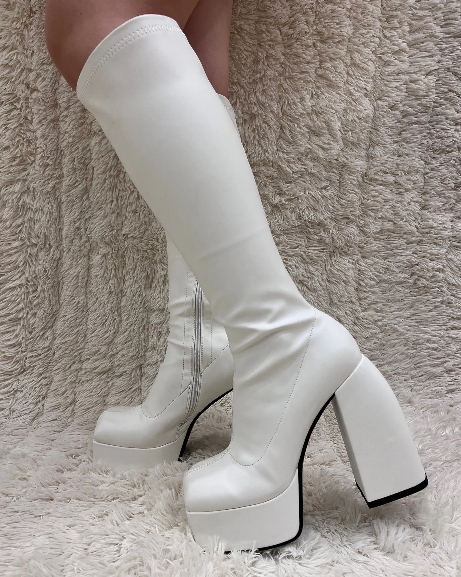 Matt leather stretch knee high platform boots for women