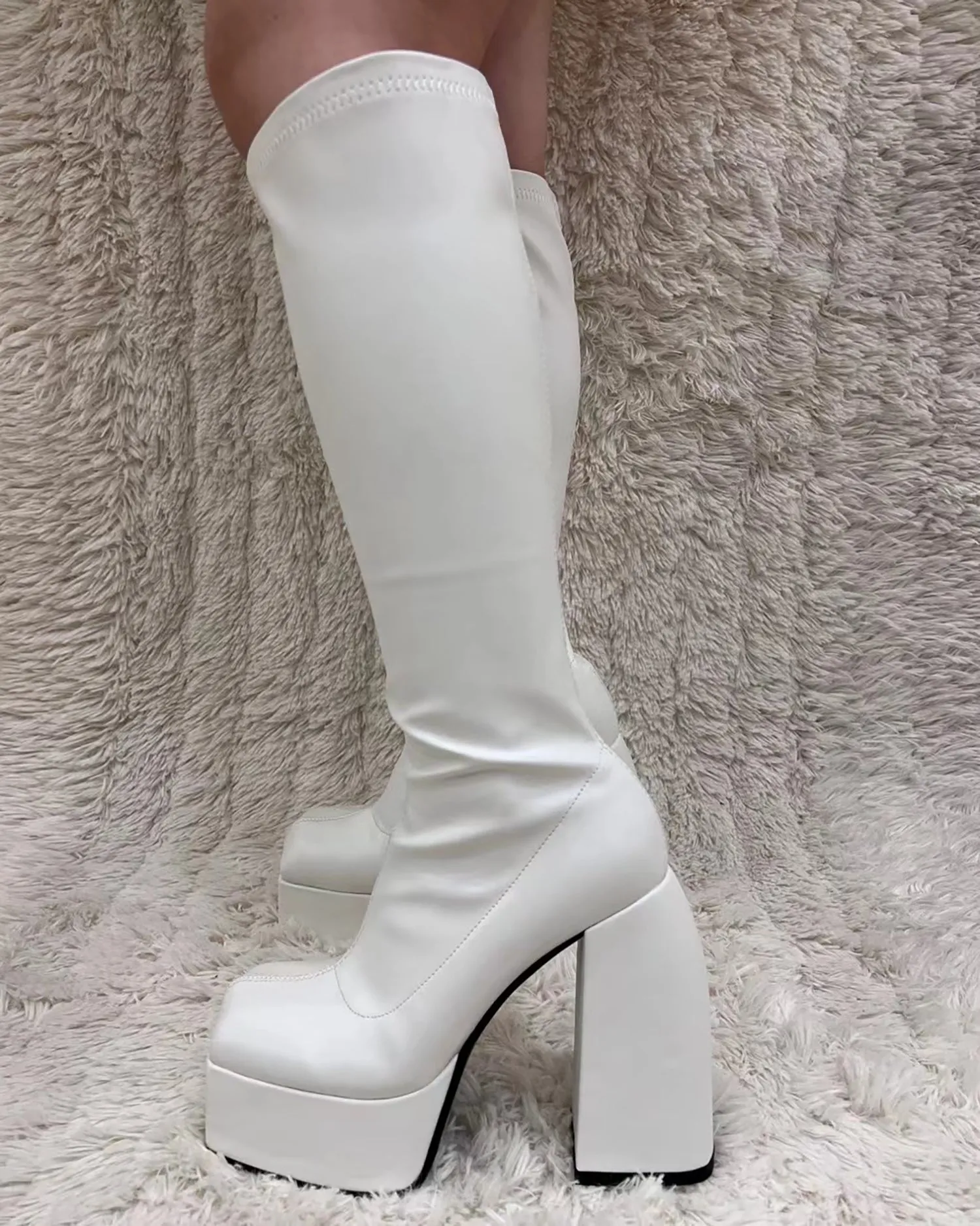 Matt leather stretch knee high platform boots for women