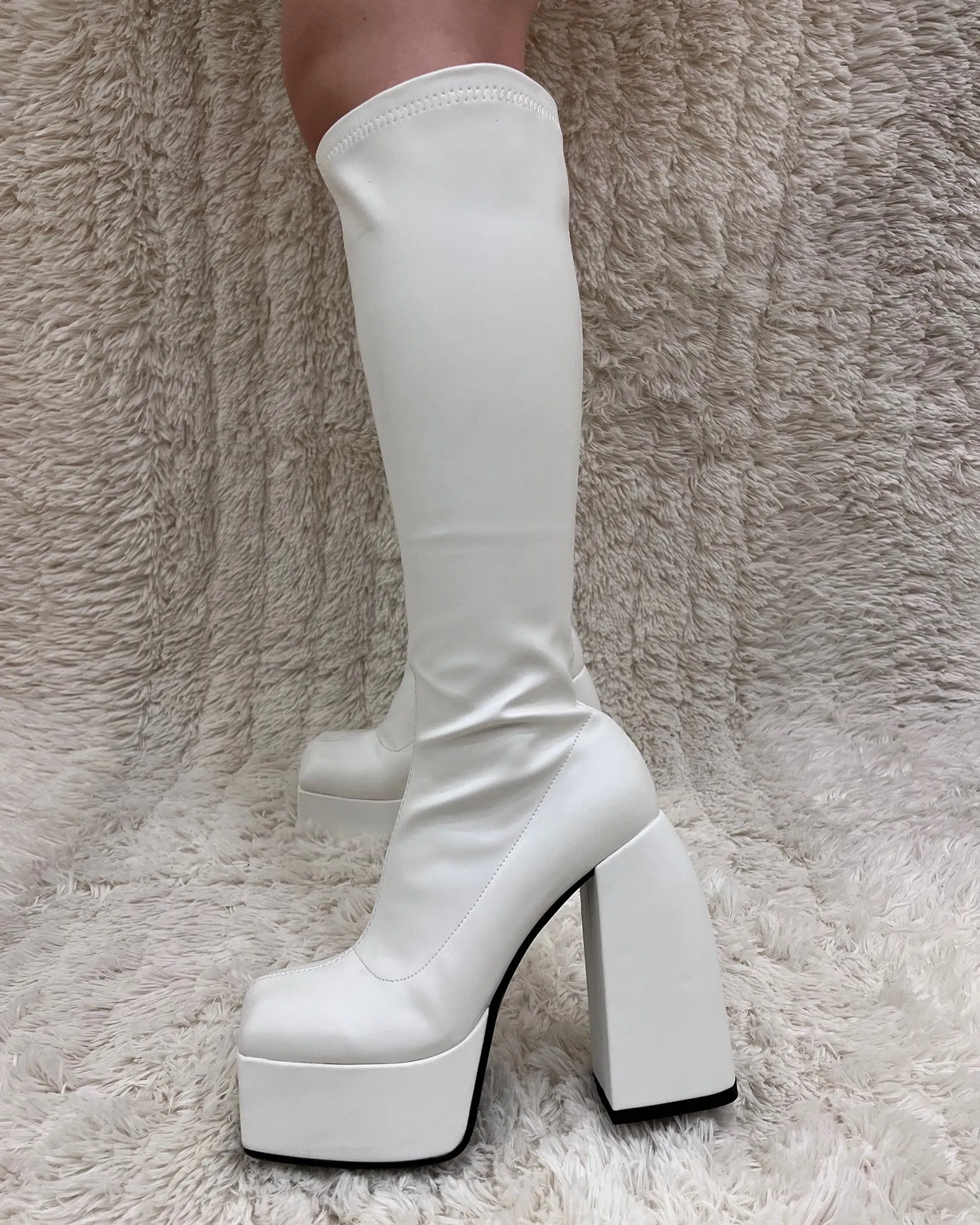 Matt leather stretch knee high platform boots for women