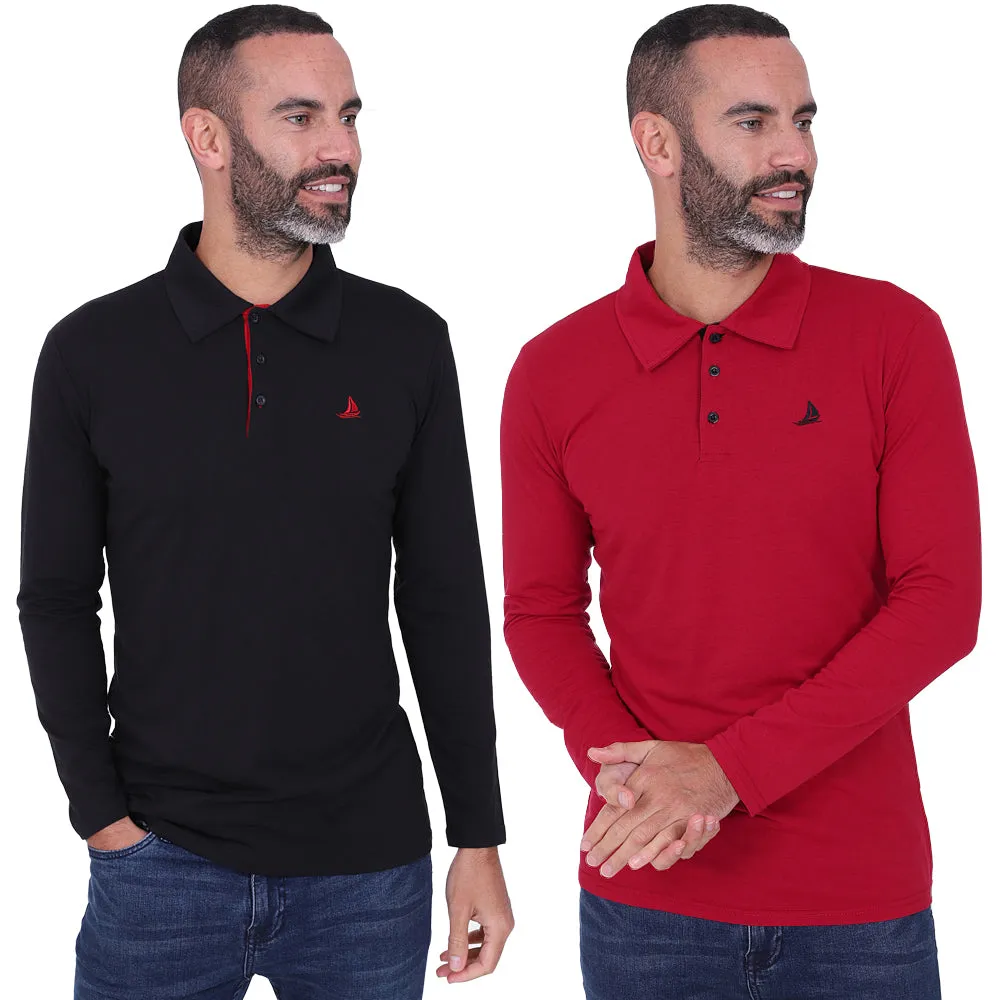 Men's 2 Pack Long Sleeve Polos - Black / Wine