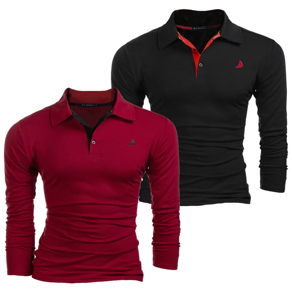 Men's 2 Pack Long Sleeve Polos - Black / Wine