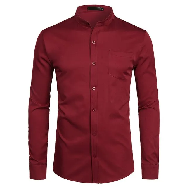 Men's Hipster Mandarin Collar Dress Shirts 2019 Brand New Slim Fit Long Sleeve Chemise Casual Work Busienss Shirt Male White 2XL